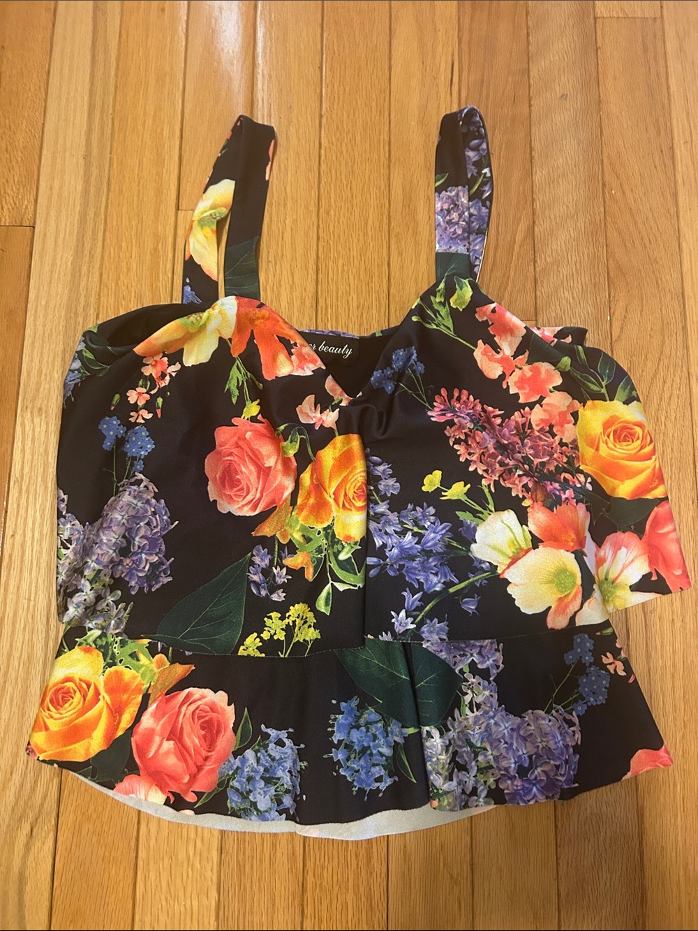 Floral Ruffle Top - Black with Multicolor Blooms